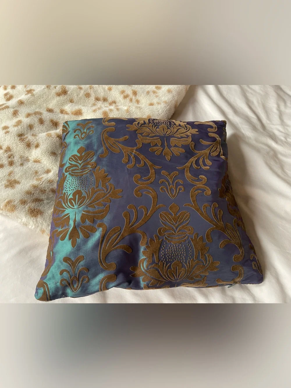 Blue Damask Decorative Pillow with Gold Pattern